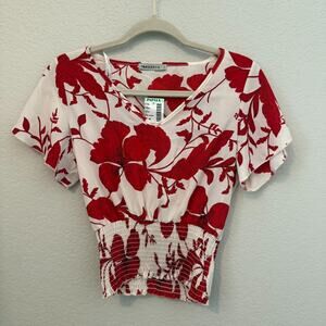 Papaya Women’s Red White Floral Smocked Crop Top Size S NWT Made in USA